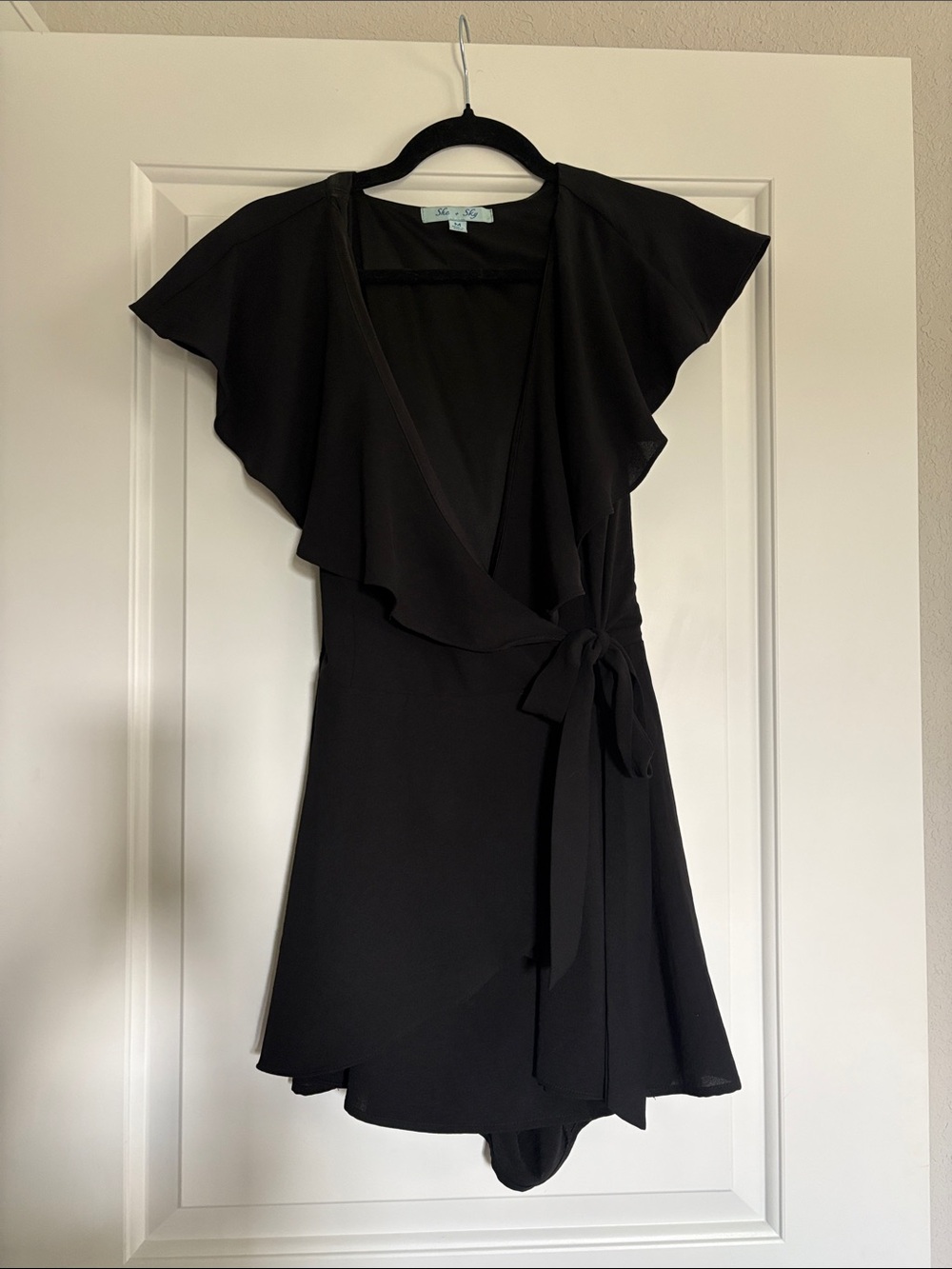 She + Sky Black Wrap Romper Dress with Flutter Sleeves
